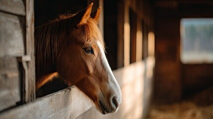 A horse stretching its neck over the wooden stall door, barn interior glowing with natural light from a nearby window