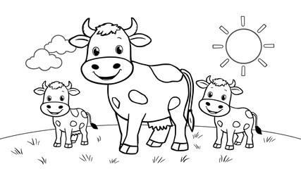 Obraz premium Cute cartoon cow family with two calves on a sunny day coloring page
