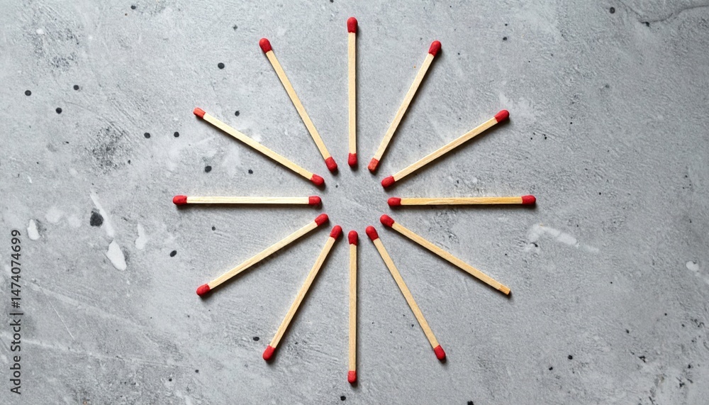 Poster creating artistic patterns with matches indoor studio photography minimalistic design top-down view 
