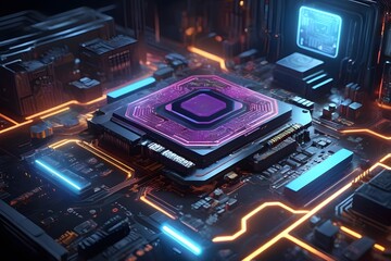 Fototapeta premium Futuristic Motherboard Close-up Glowing Circuits and Advanced CPU