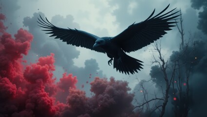 Majestic Eagle Soaring Against Dramatic Red Clouds and Dark Silhouettes in the Sky