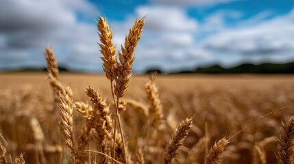 Fototapeta premium A macro shot of golden wheat heads with a blurred field and sky behind, showing detail and texture