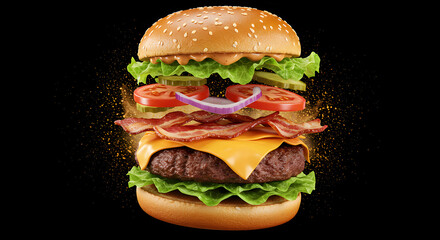 Juicy Cheeseburger with Bacon and Vegetables on Sesame Bun