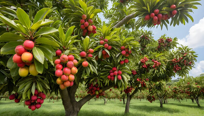 Explore the beauty of trees laden with luscious lychee fruits in a vibrant orchard setting today