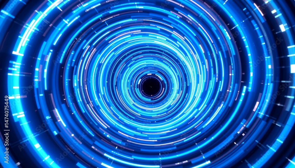 Poster an abstract background image featuring a blue light tunnel with concentric circles spinning toward a
