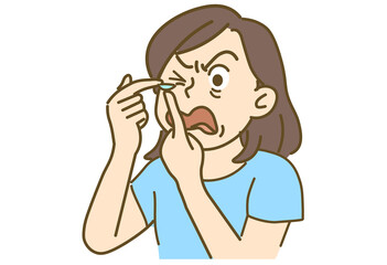 Woman Struggling to Put on Contact Lenses Illustration