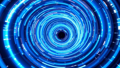 Fototapeta premium An abstract background image featuring a blue light tunnel with concentric circles spinning toward a black hole, creating an effect of swirling motion and depth.