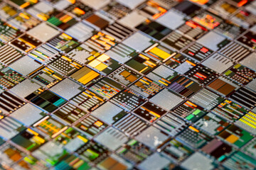 Silicon semiconductor wafer close-up.