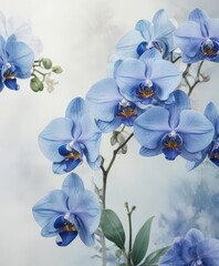 Delicate blue watercolor wash background featuring vibrant Phalaenopsis orchids, native Philippine flora , detail, Asia, color
