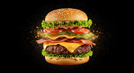 Juicy Double Cheeseburger with Bacon and Fresh Vegetables on Black Background