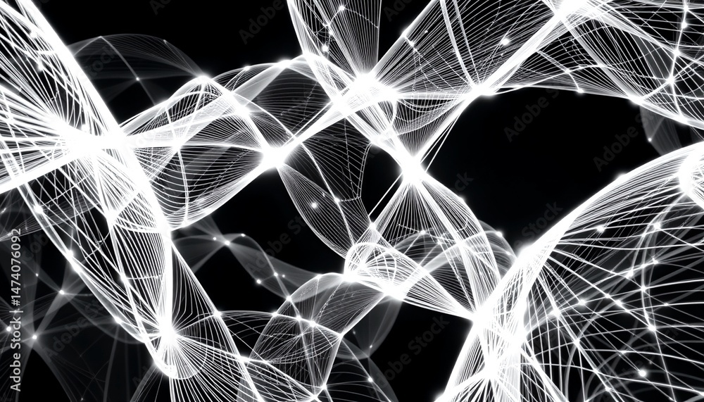 Poster an abstract and intricate network of interconnected lines forming a dynamic pattern against a dark b