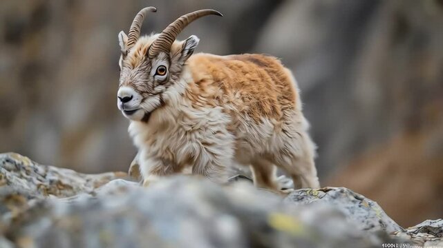 Young ibex climbing rugged mountain terrain