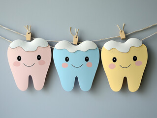 Three cute drawings of molar teeth hanging on a wire against a grey wall. Concept of prevention and oral hygiene in childhood.