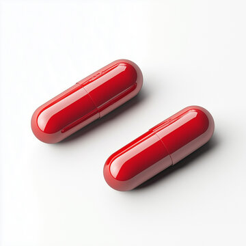 Two red capsules arranged parallel to each other on a white surface.