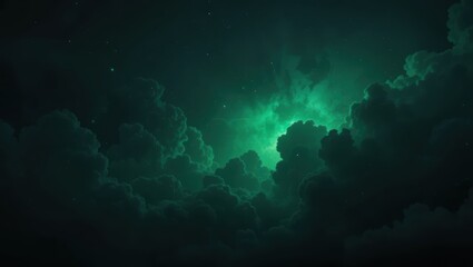 Obraz premium Mysterious Green Clouds Illuminated by Starry Sky at Night Creating Tranquil Atmosphere