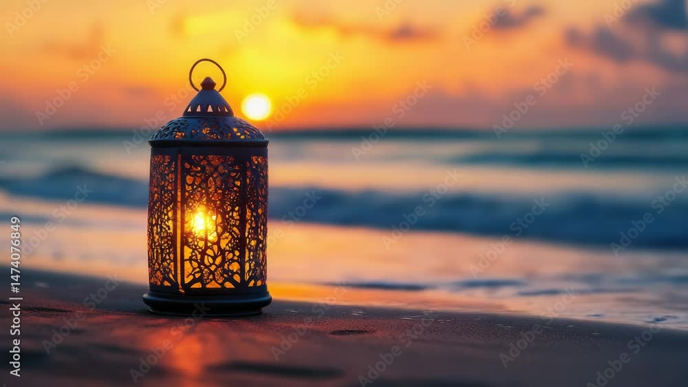 Poster A lantern sits on a beach as the sun sets in the background, creating a warm and inviting atmosphere