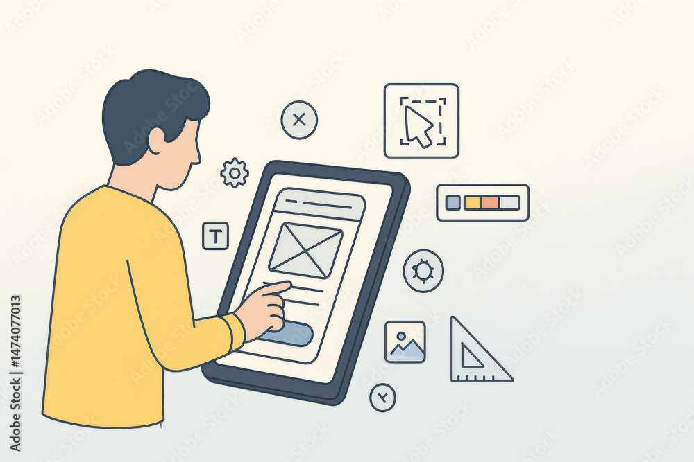 Poster person using tablet digital design user interface touchscreen graphic icons creative process technol