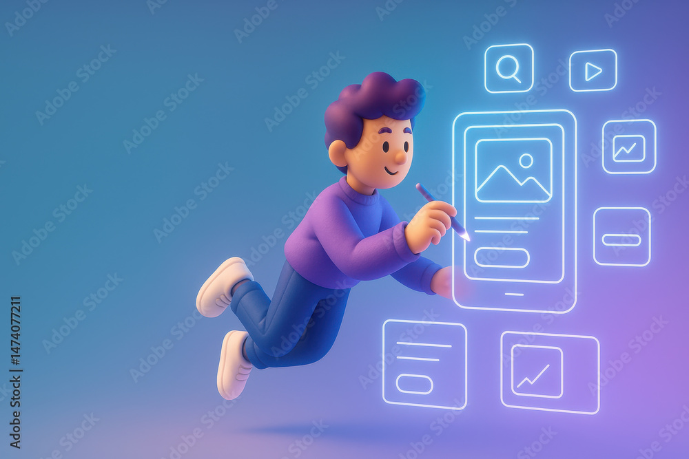 Poster 3d illustration of person interacting with floating digital interface elements, showing creativity a
