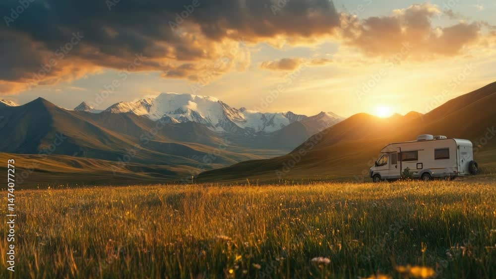 Poster a recreational vehicle parked in a green field with mountains visible in the background, suitable fo