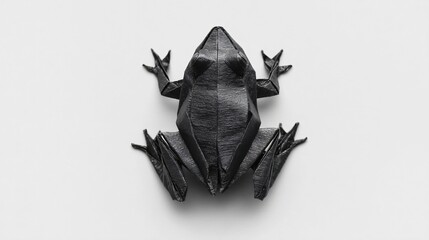 Clean monochrome origami frog in black paper centered on white background, perfect for editorial or design templates Image 4K UHD
