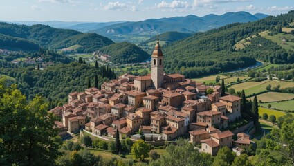 Picturesque Hilltop Village Surrounded by Lush Green Mountains in Italy on a Sunny Day