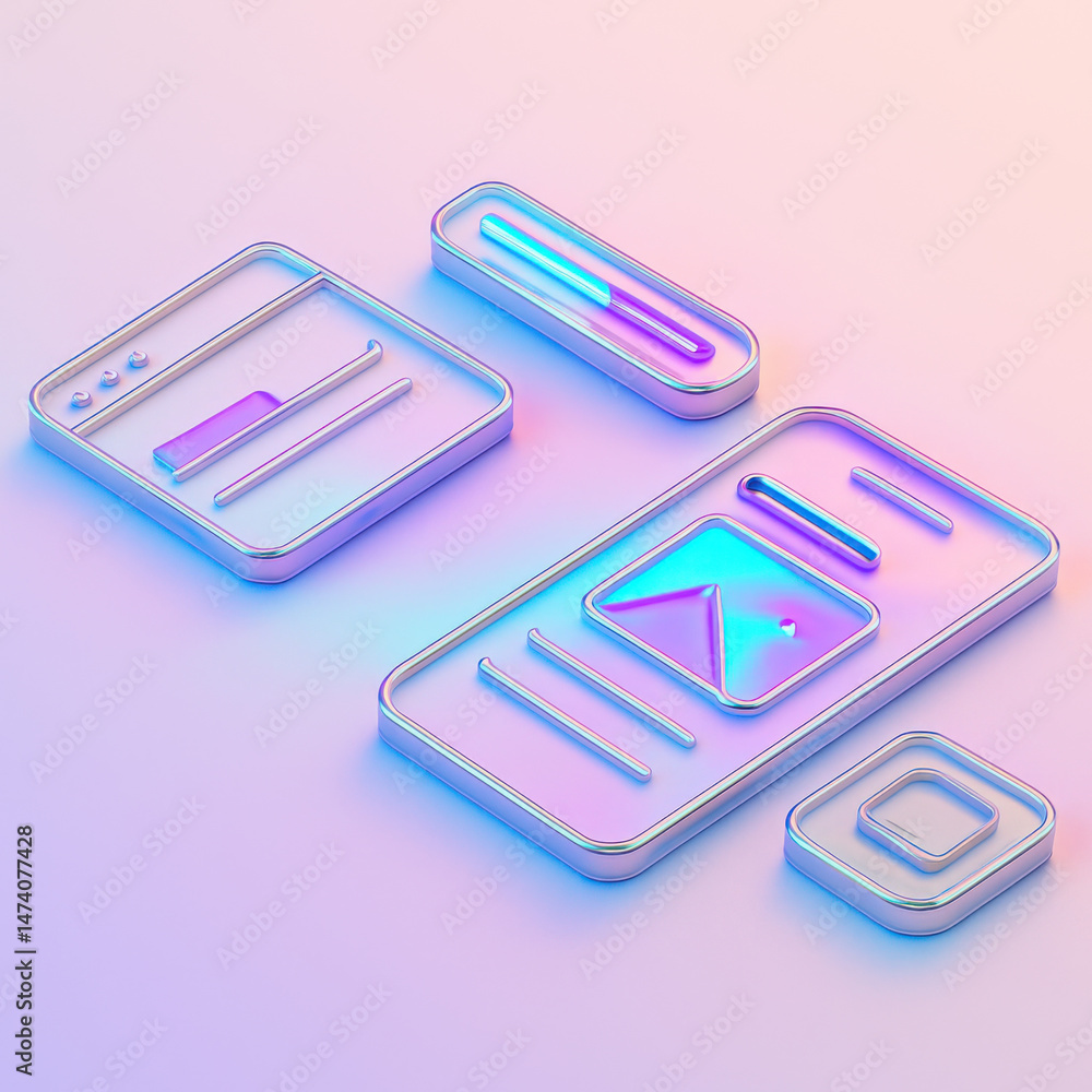 Poster modern digital interface icons with neon glow, including smartphone, web page, and ui elements in pa