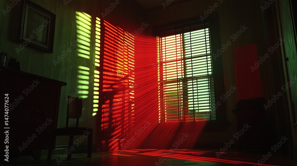 Poster illuminated interior study showcasing the interplay of color and shadow patterns