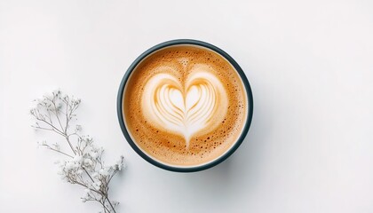Top-view of a white coffee cup with heart-shaped latte art.