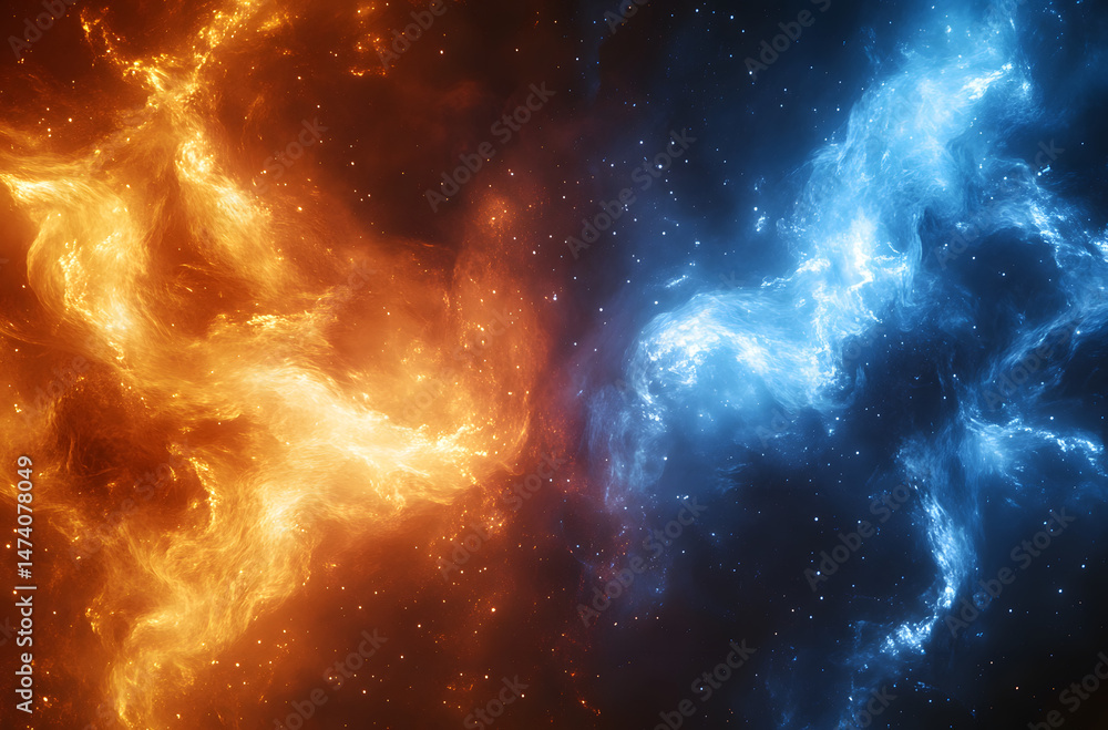 Poster clashing streams of blue and orange energy collide in a dynamic display of light and power. the vibr