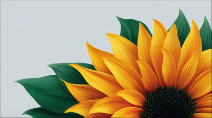 Obraz premium A digitally painted vibrant sunflower with lush green leaves blooms gracefully against a serene light background, showcasing the beauty of nature's artistry.