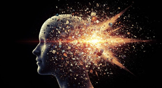 Abstract illustration of a head exploding with creative ideas.