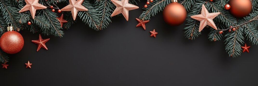Christmas Border of Sparkling Pine Branches, Bronze Ornaments, Stars on Black Background, Copy Space