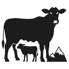 Black cow silhouette design with calf and mountains on white background