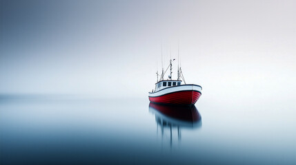 Solitary fishing boat floats serenely in calm open waters at dawn