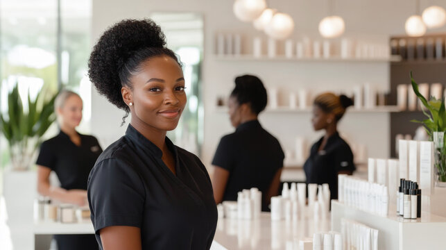 Confident young African American beautician in modern salon smiling at camera, surrounded by skincare products and colleagues, representing professional beauty service in a clean, elegant environment.