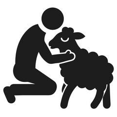 Black silhouette of a male figure snuggling affectionately with a sheep on white