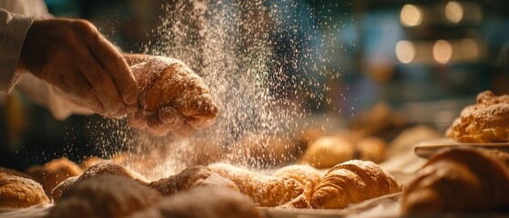 In a dimly lit bakery, a baker&rsquo;s hands dust a golden croissant with powdered sugar, captured mid-sprinkle for a tantalizing visual treat.