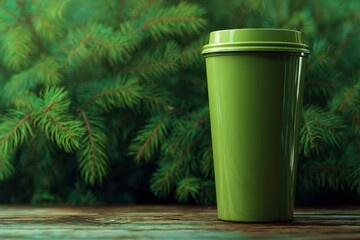Obraz premium Lime-green reusable cup on a wooden surface amidst evergreen foliage.