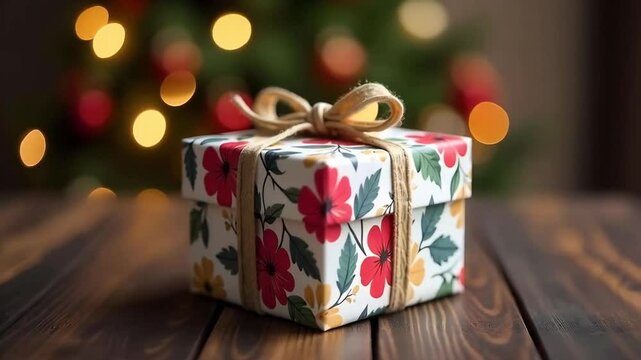 A gift box wrapped in floral paper with a string bow on a dark wooden table , blurred background of party decor