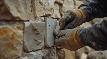 Mason Laying Stone Blocks in Wall Construction