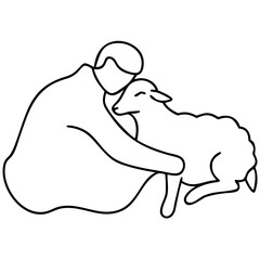 Pastoral silhouette of a male figure snuggling a sheep warmly in a tranquil scene