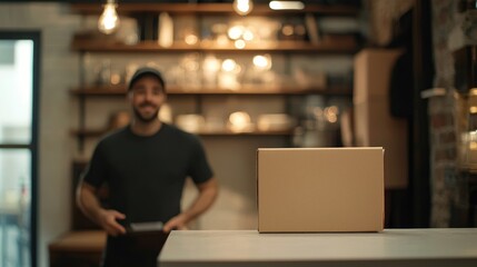 Delivery Man with Package in a Coffee Shop Setting