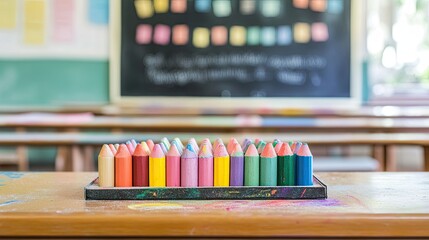 Colorful crayons on a classroom table