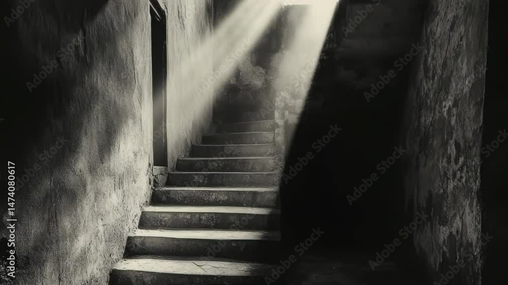 Poster a vintage-inspired staircase captured in monochrome tones, perfect for adding a touch of nostalgia t