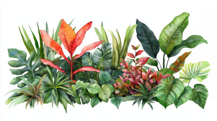 Vibrant watercolor botanical illustration featuring various tropical plants and foliage, showcasing lush greens and bright