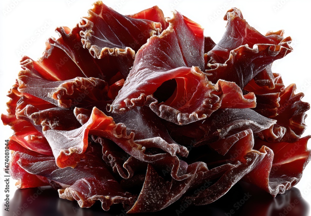 Poster elegant display of finely sliced cured meat arranged artfully in an intricate pattern showcasing ric