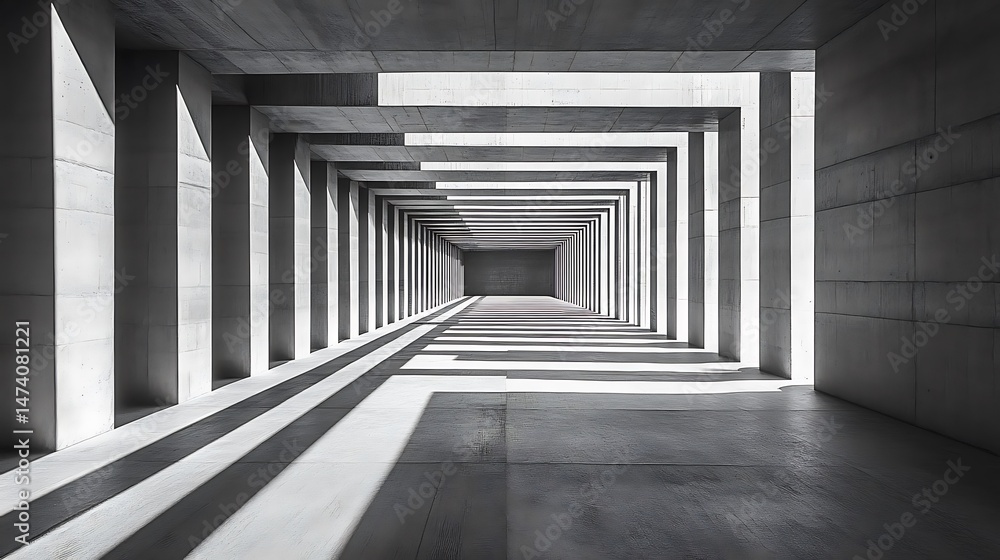Aufkleber monochromatic interplay of light and shadow within an endless architectural tunnel