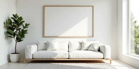 Fototapeta premium Clean white interior, landscape frame Perfect for art display , minimal, blank, frame