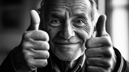 Black and white photo of a 70 year old man with deep wrinkles and kind eyes, smiling and making a "like" gesture. Focus on his expression and gesture, with a blurred background.