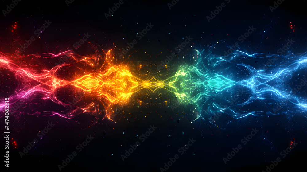 Poster rainbow lines converge at the horizon, glowing in neon against a black backdrop, creating a dynamic 